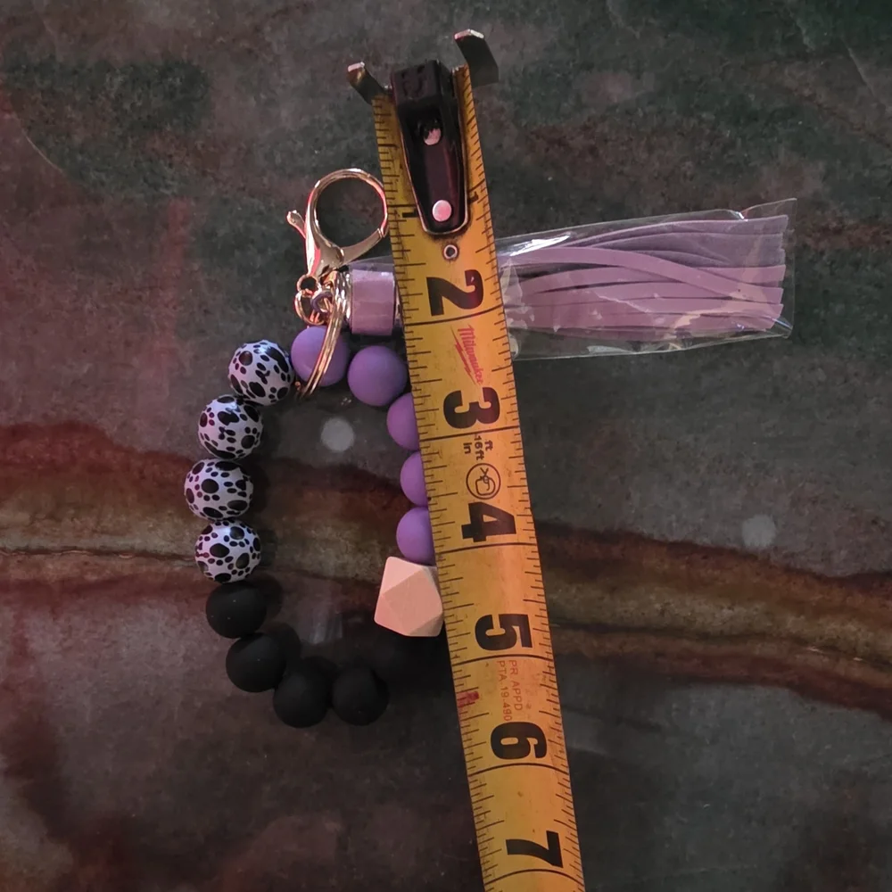 Purple and Black Beaded Wristlet Bagcharm with Tassel Keychain